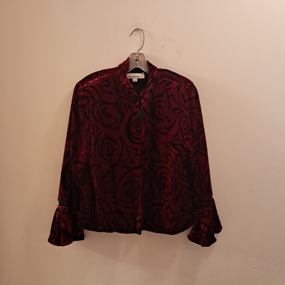 Caroline Rose Blazer Women's Small S Rose Print Velvet Flare Sleeves Dark Floral - Picture 1 of 11